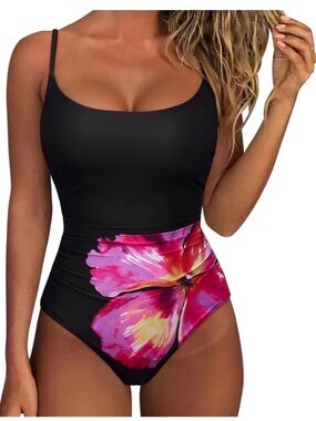 NWT Suuksess Black One-Piece Swimsuit with Pink Floral Waist Accent